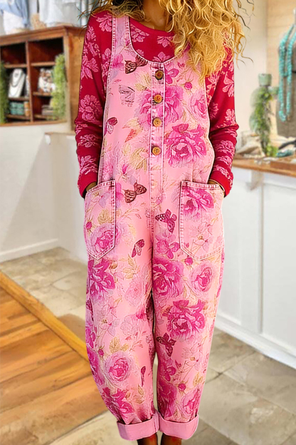 Sweet Floral Print Sleeveless Overalls