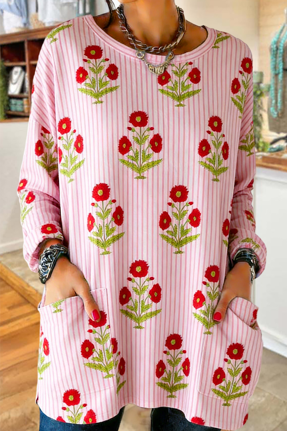 Sweet Striped Floral Pocket Cotton T-Shirt