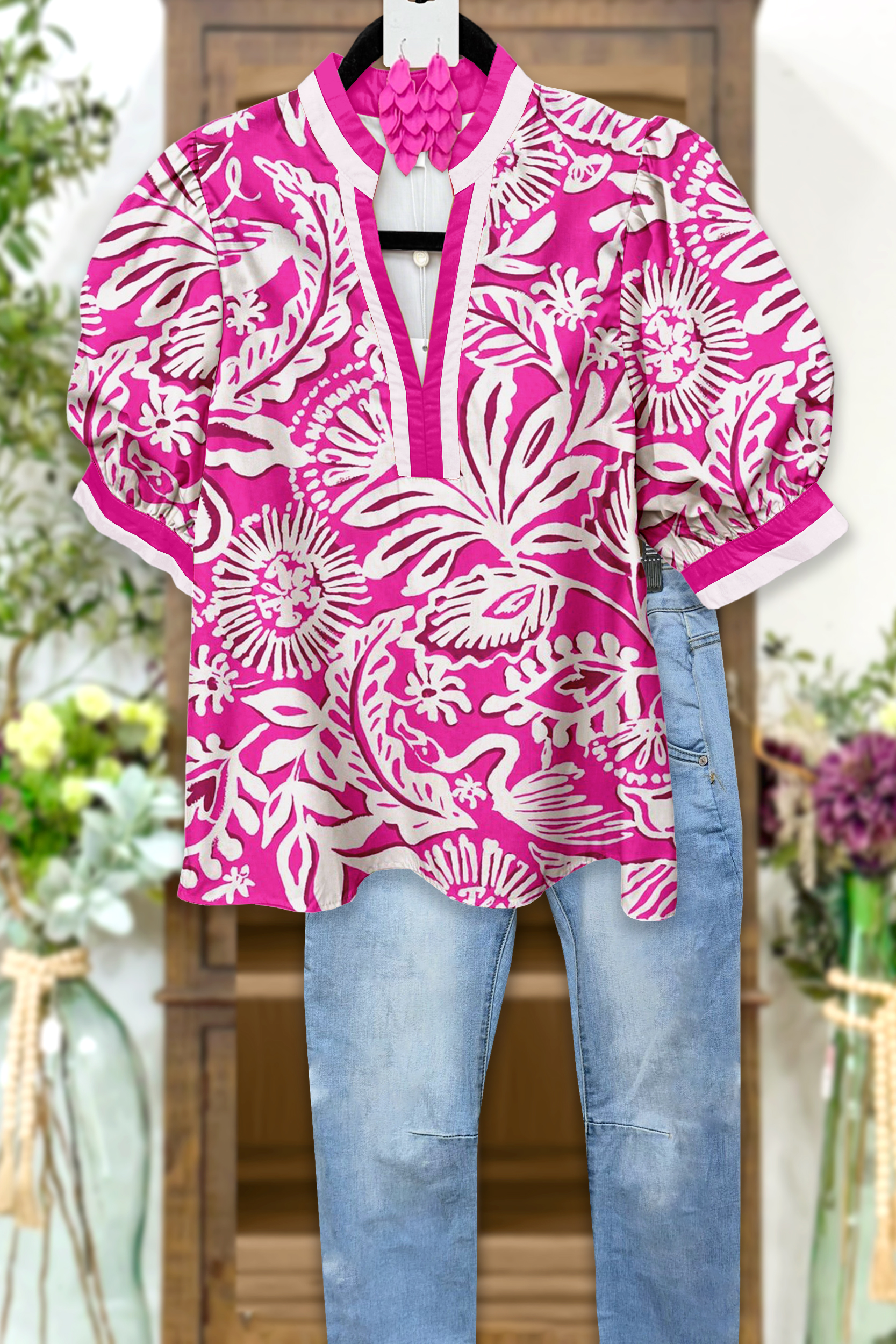 Classic Plant Print Puff Sleeve Blouses