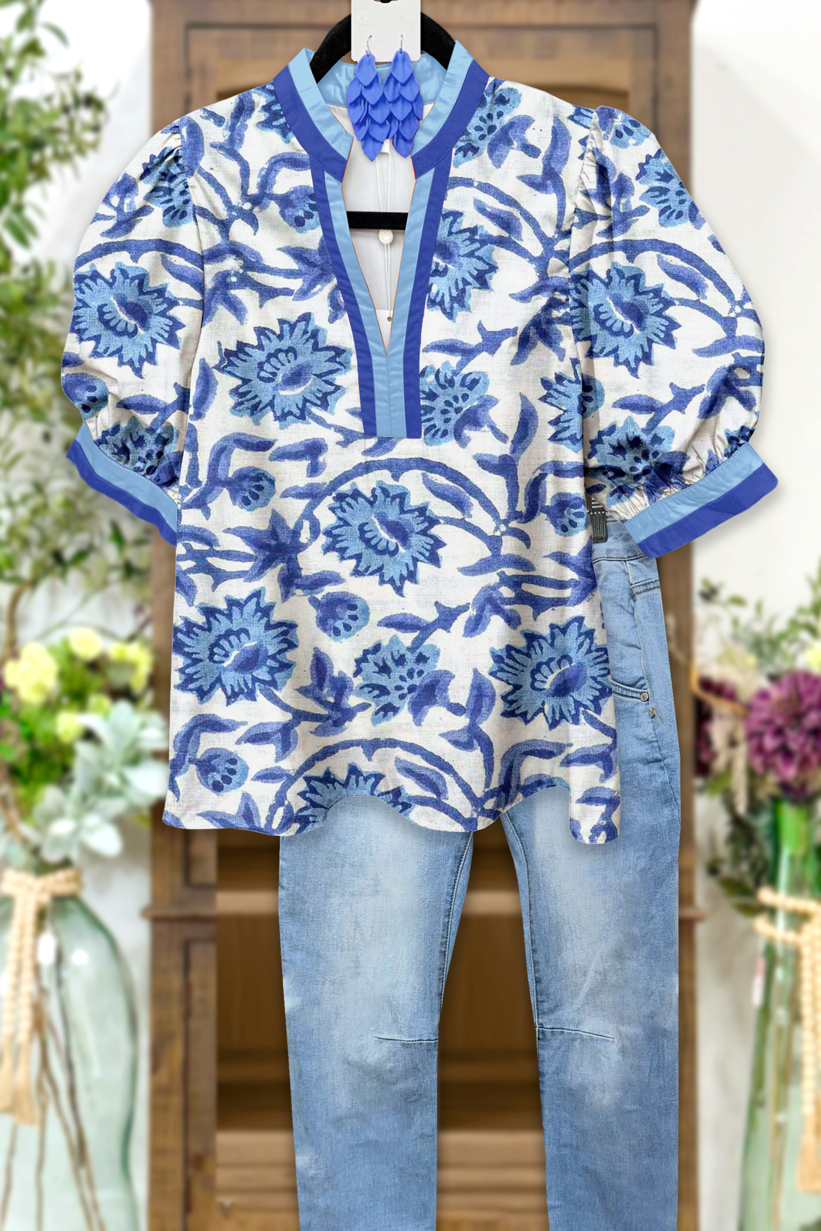 Fresh Plant Print Puff Sleeve Blouses