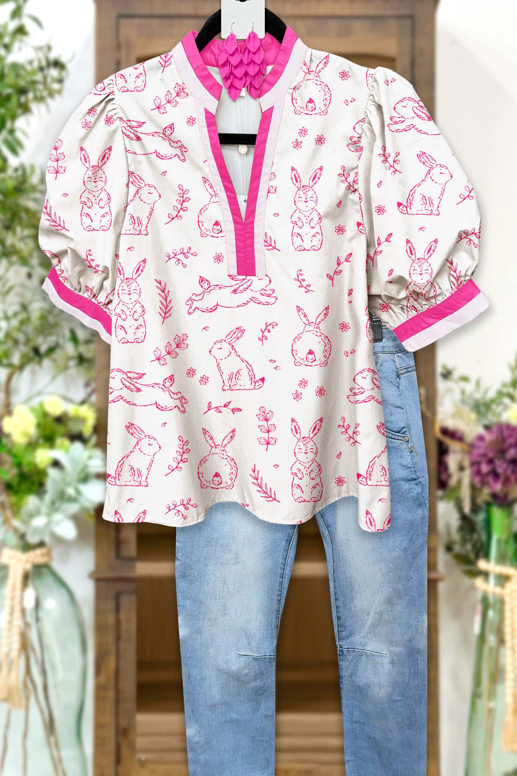 Cute Easter Bunny Puff Sleeve Blouses