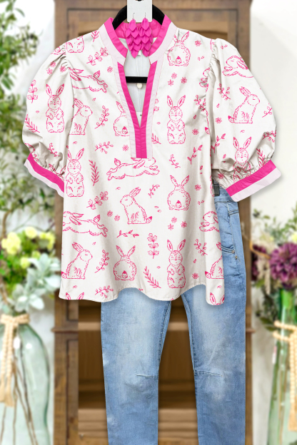 Cute Easter Bunny Puff Sleeve Blouses