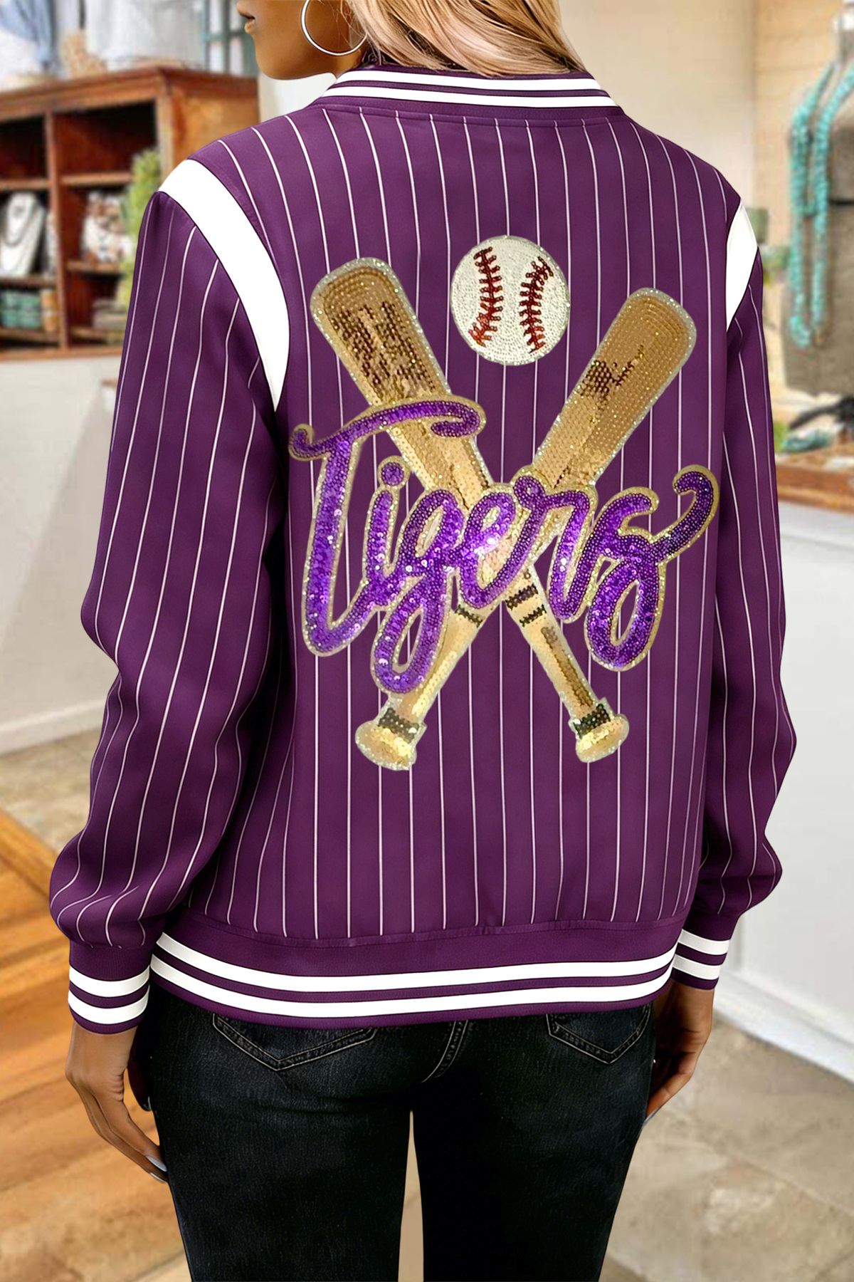 Classic Purple And Gold Tigers Baseball Game Day Striped Bomber Jacket