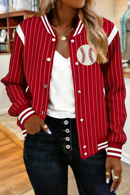 Classic Baseball Game Day Striped Bomber Jacket
