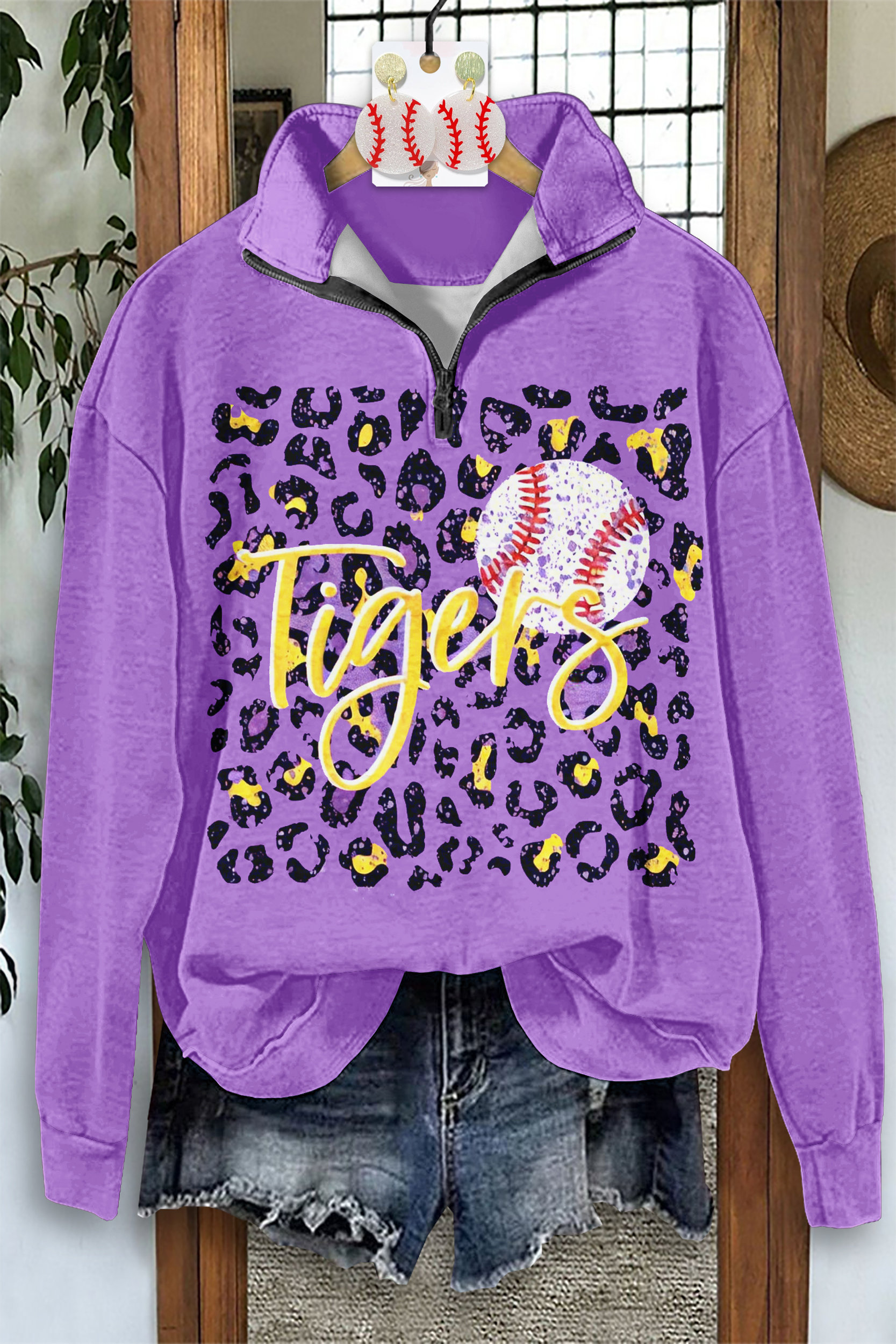 Classic Purple And Gold Tiger Baseball Game Day Leopard Print Zip-Up Sweatshirt