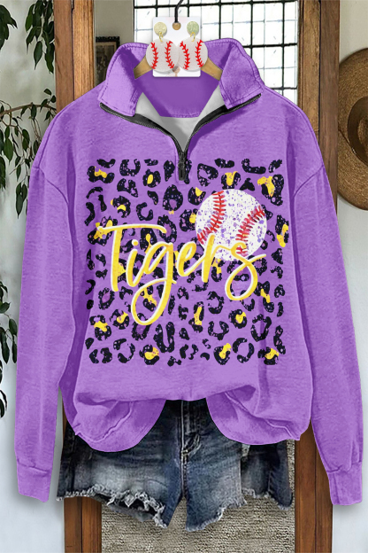Classic Purple And Gold Tiger Baseball Game Day Leopard Print Zip-Up Sweatshirt