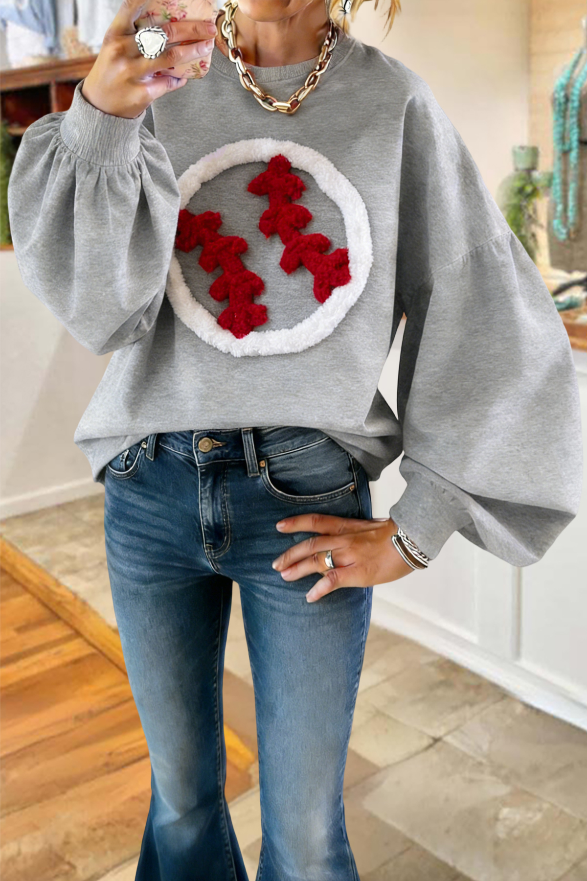 Baseball Game Day Lantern Sleeve Sweatshirt