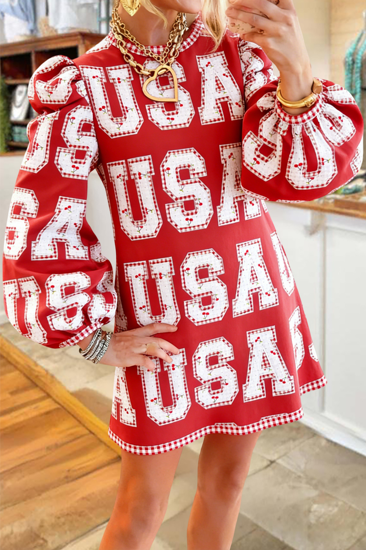 Classic USA Cherry Plaid Sweatshirt Dress