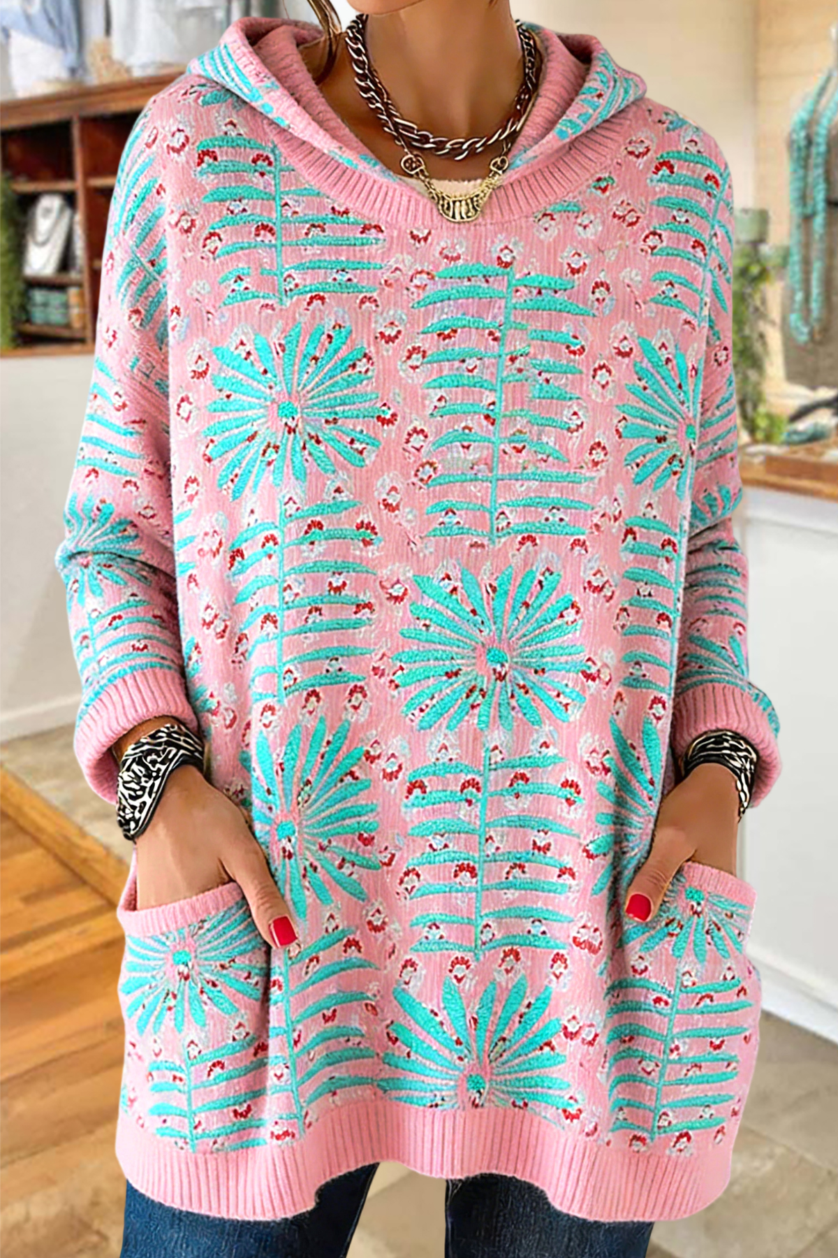 Floral Leopard Print Hooded Sweater