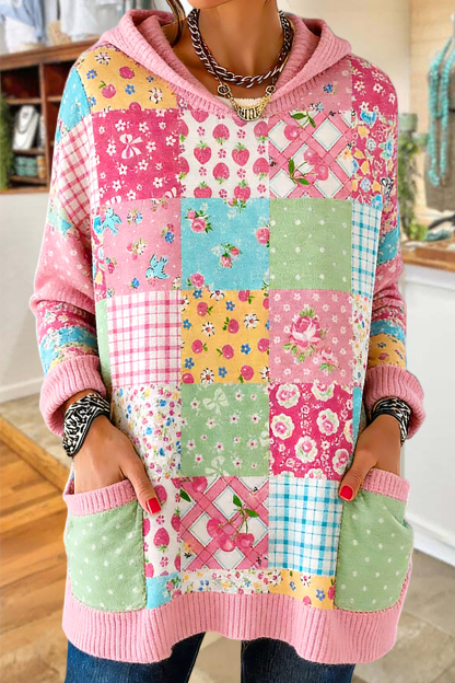Sweet Floral Patchwork Hooded Sweater