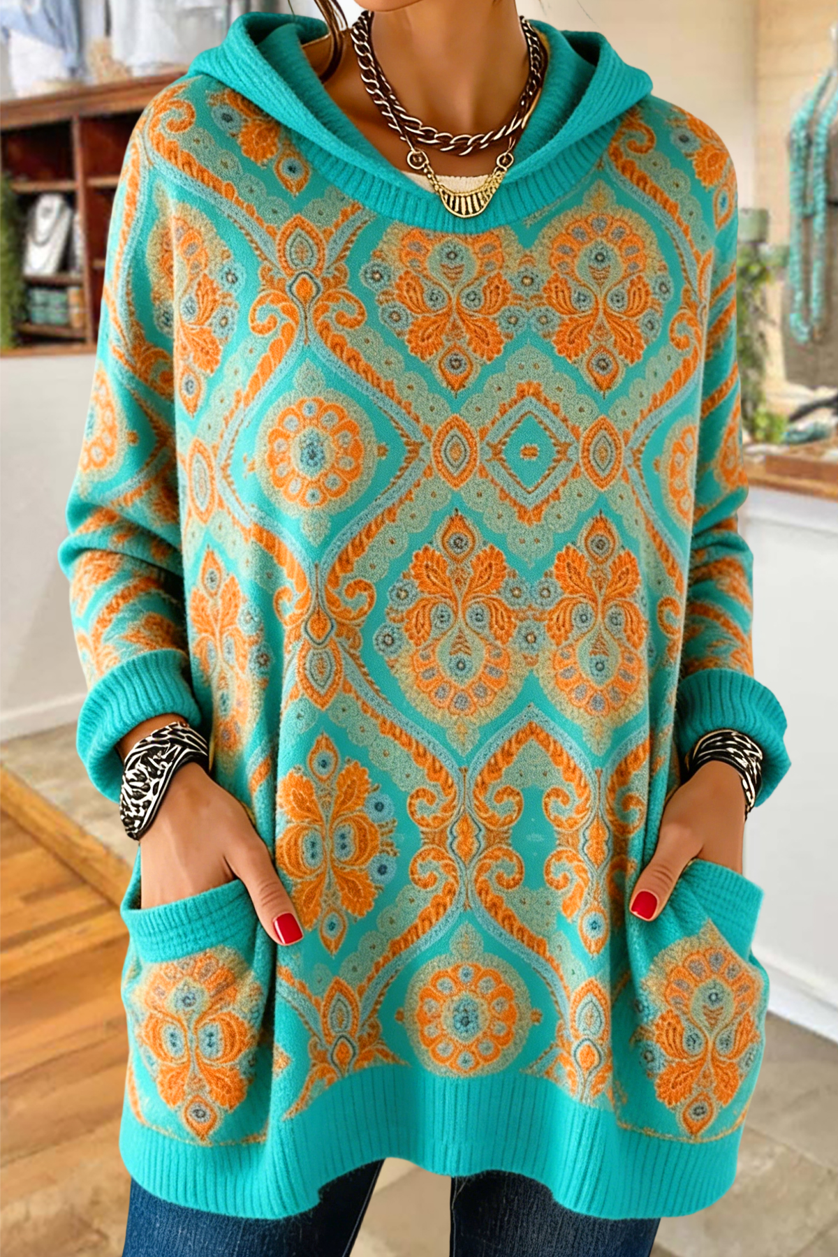 Vintage Printed Hooded Sweater