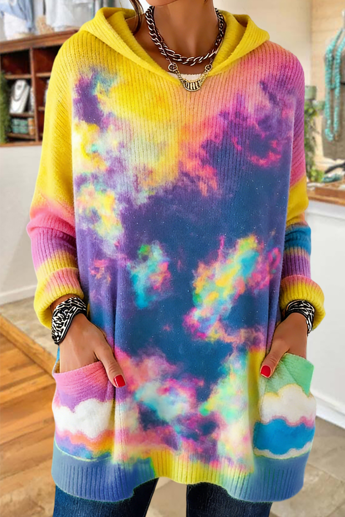 Unique Nebula Gradient Print Hooded Sweater