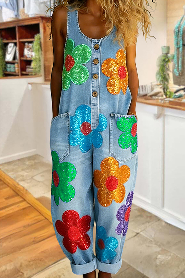 Cute Floral Sleeveless Overalls