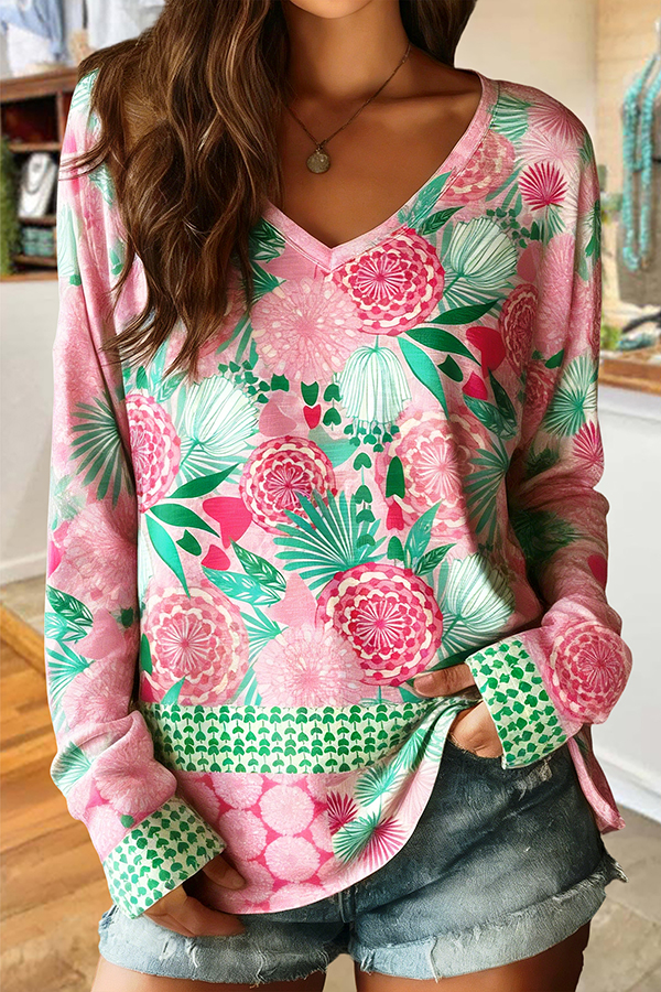Fresh Floral Printed V-Neck Cotton T-Shirt