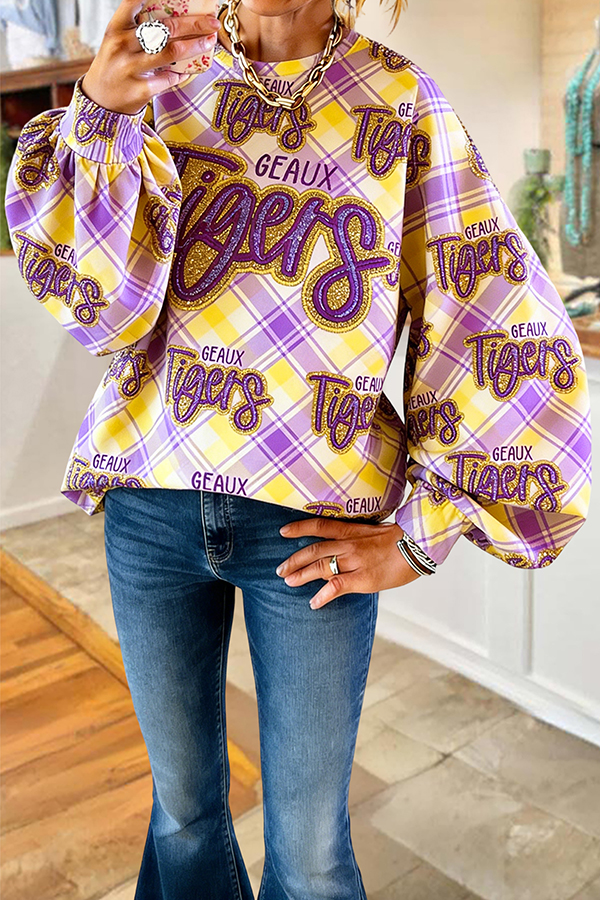 Purple Gold Tigers Game Day Plaid Lantern Sleeve Sweatshirt