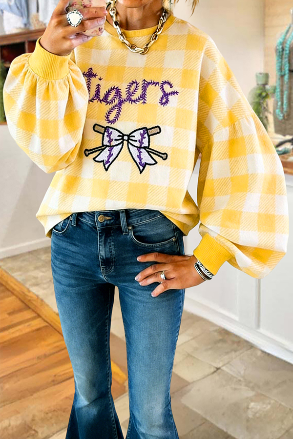 Purple Gold Tigers Baseball Game Day Lantern Sleeve Sweatshirt