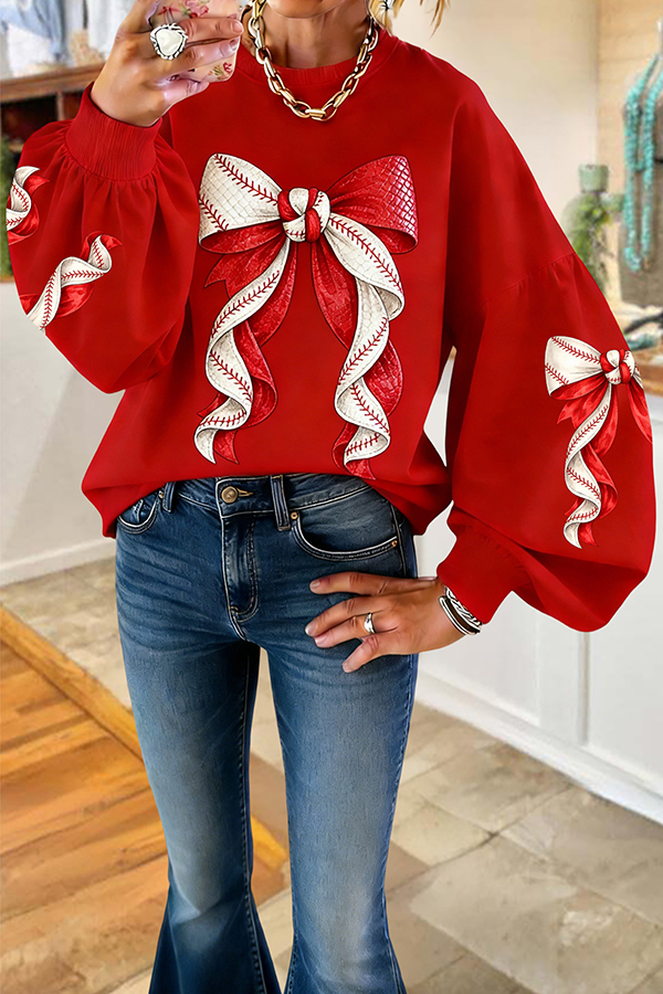 Classic Baseball Game Day Bow Lantern Sleeve Sweatshirt