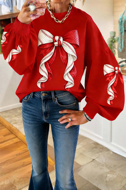 Classic Baseball Game Day Bow Lantern Sleeve Sweatshirt