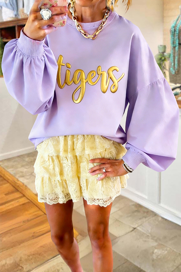 Purple Gold Tigers Game Day Lantern Sleeve Sweatshirt