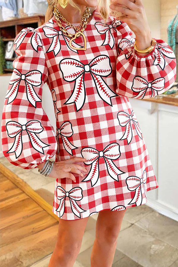 Cute Baseball Game Day Bow Plaid Sweatshirt Dress