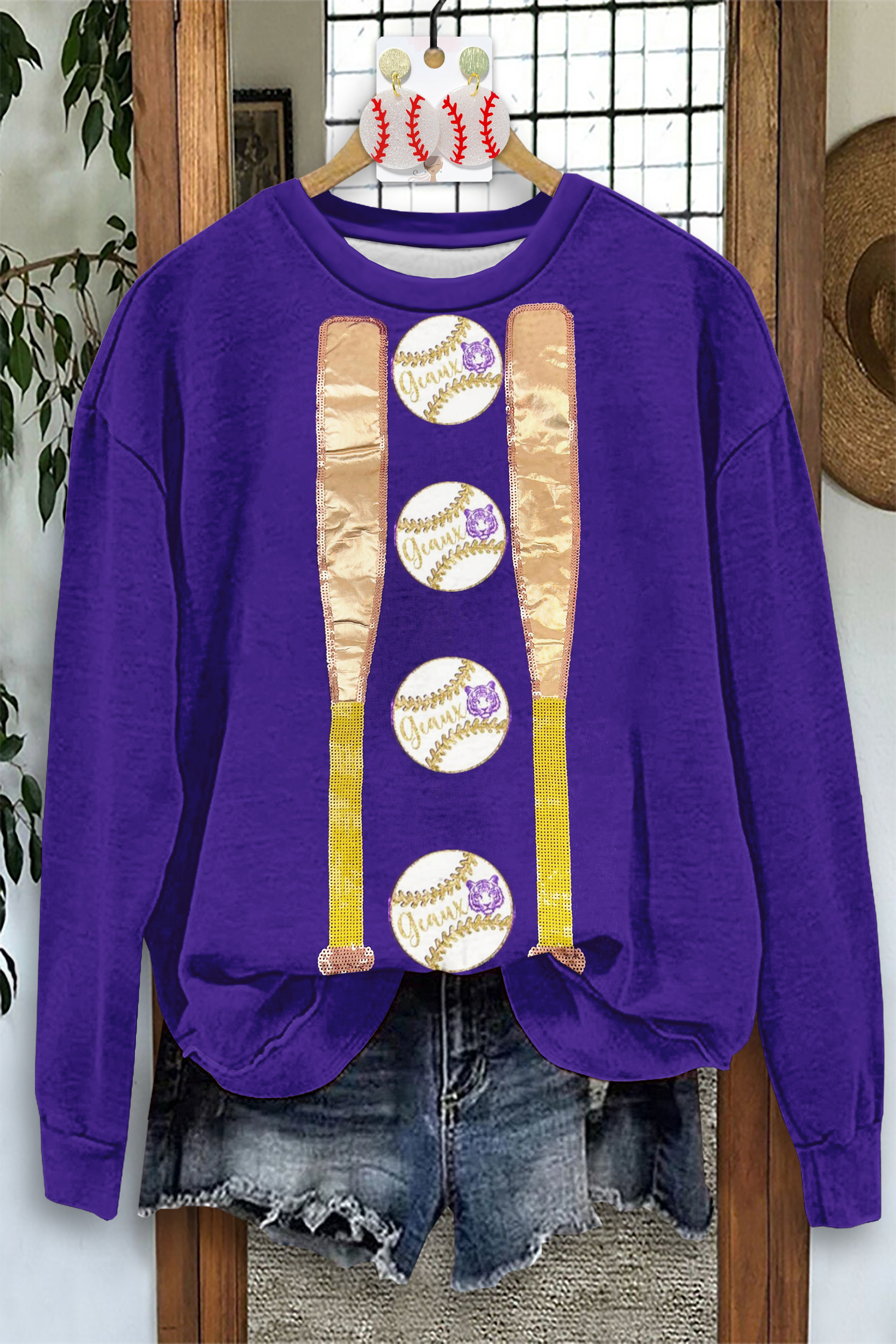 Casual Purple Gold Baseball Game Day Sweatshirt