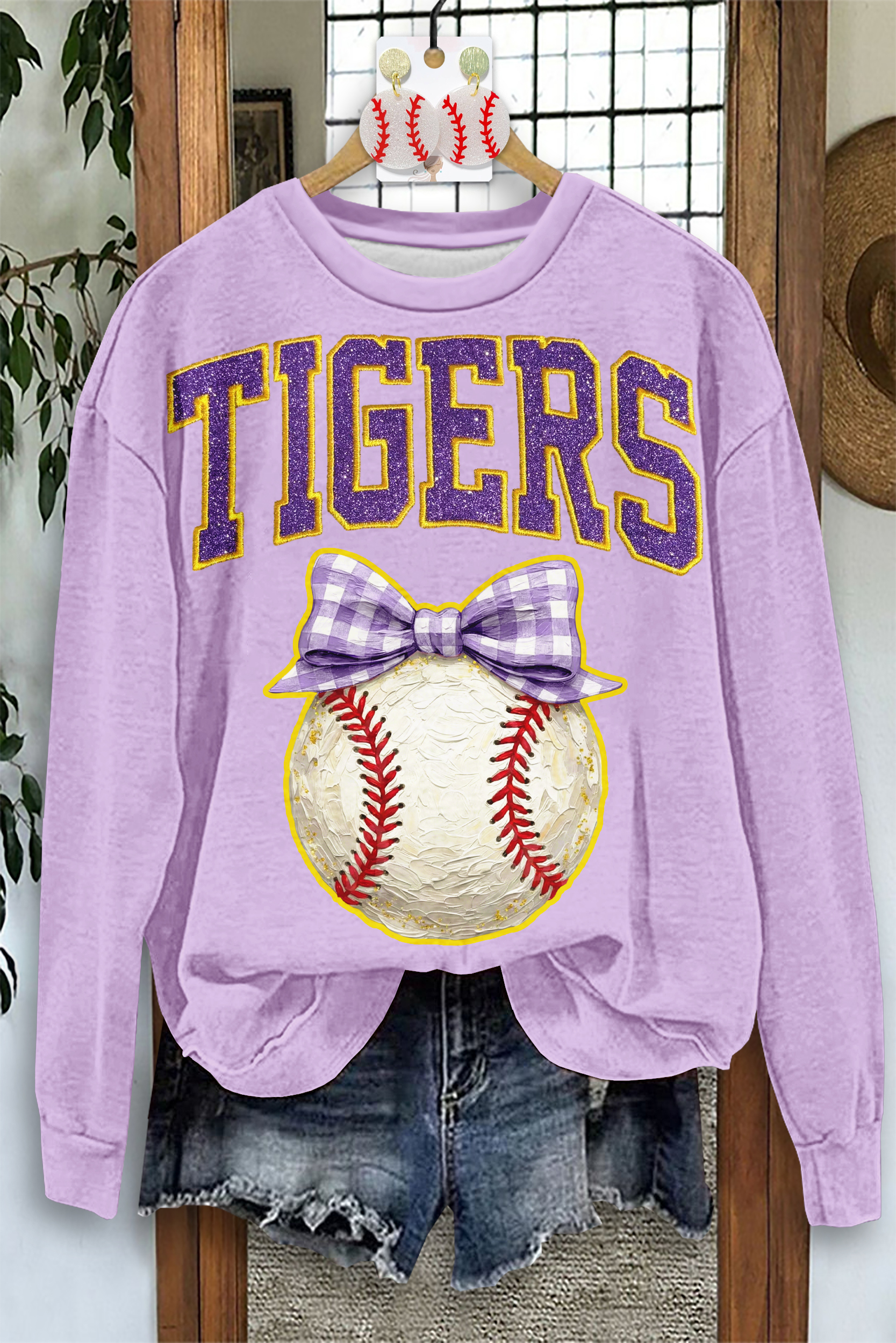 Casual Purple Gold Tigers Baseball Game Day Sweatshirt