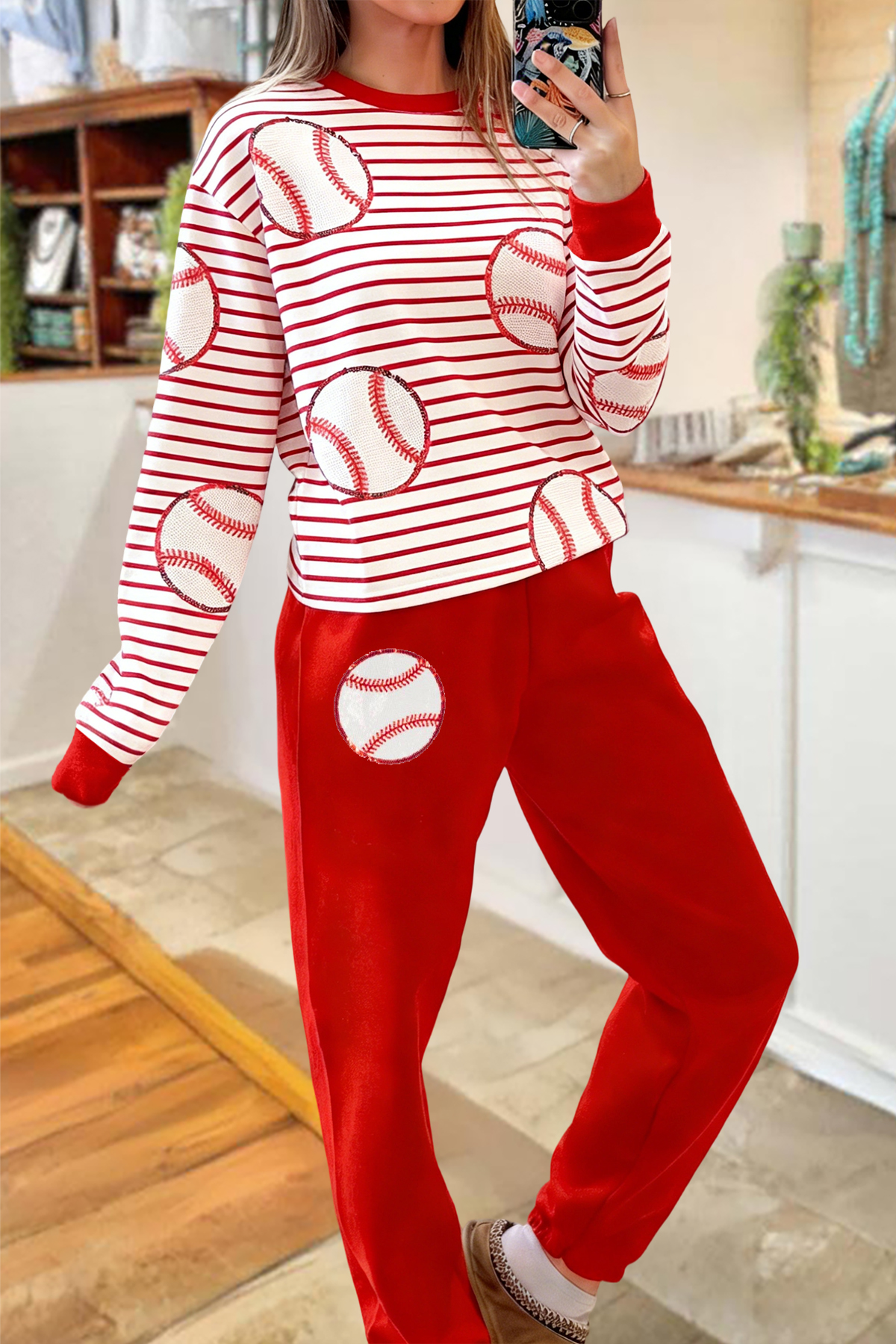 Casual Baseball Game Day Striped Top & Pants Two-Piece Set
