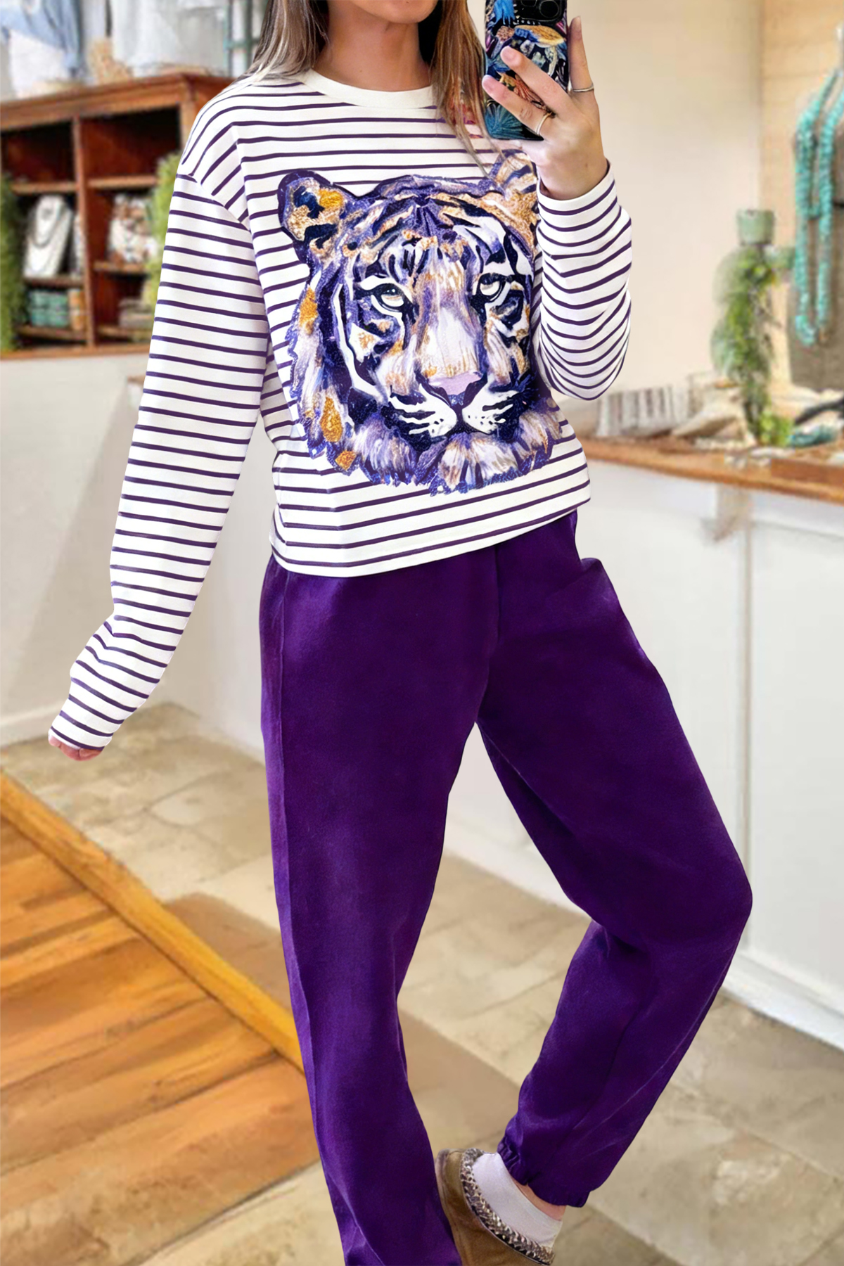 Casual Purple Gold Tigers Game Day Striped Top & Pants Two-Piece Set