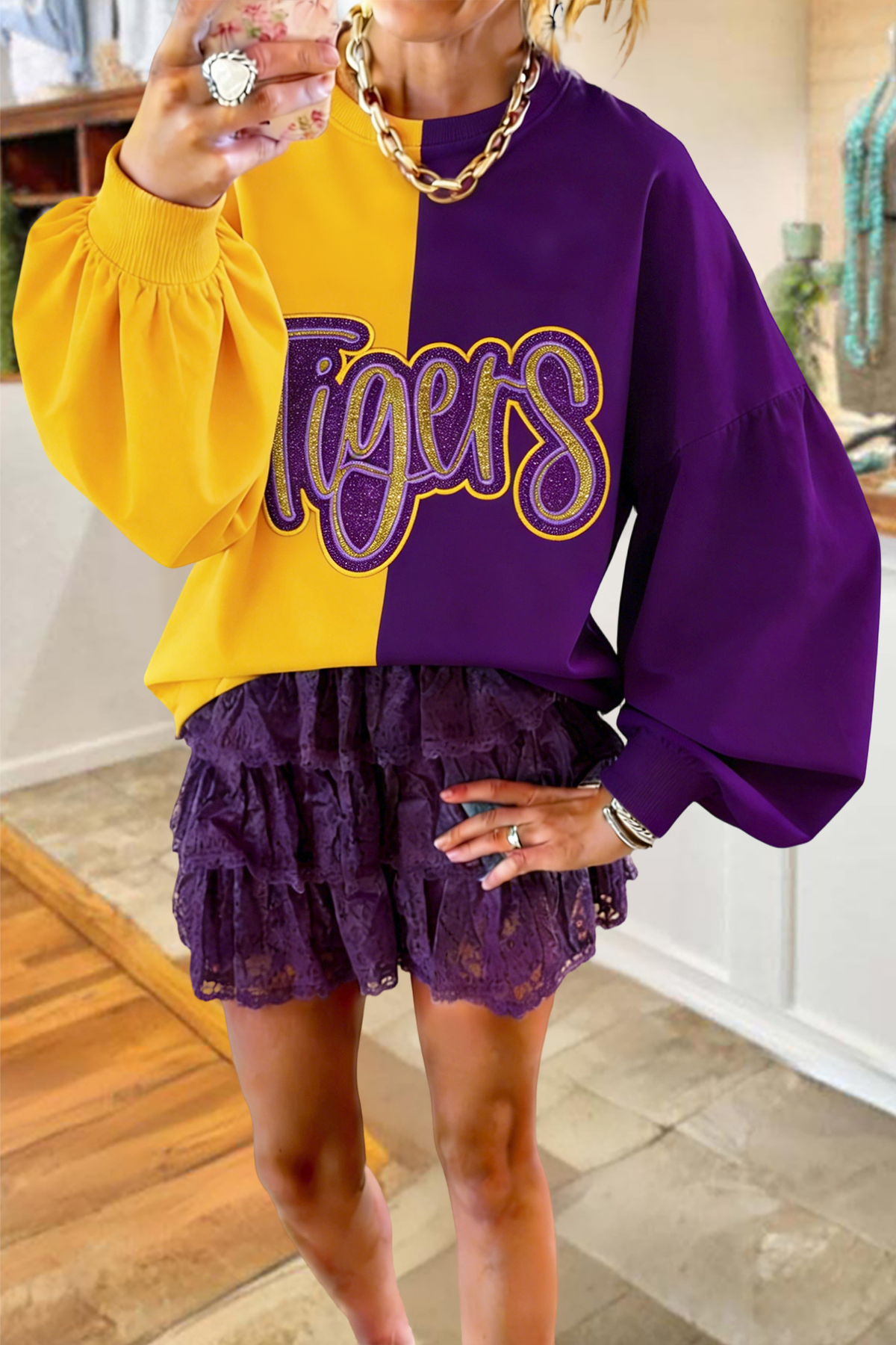 Purple Gold Tigers Game Day Color Block Lantern Sleeve Sweatshirt