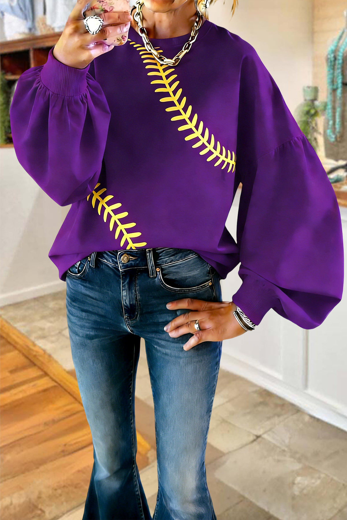 Classic Baseball Game Day Lantern Sleeve Sweatshirt