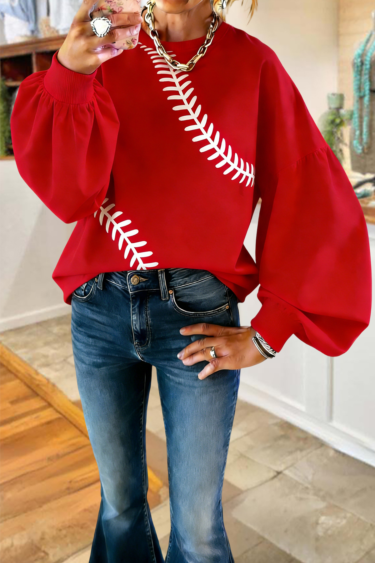 Classic Baseball Game Day Lantern Sleeve Sweatshirt