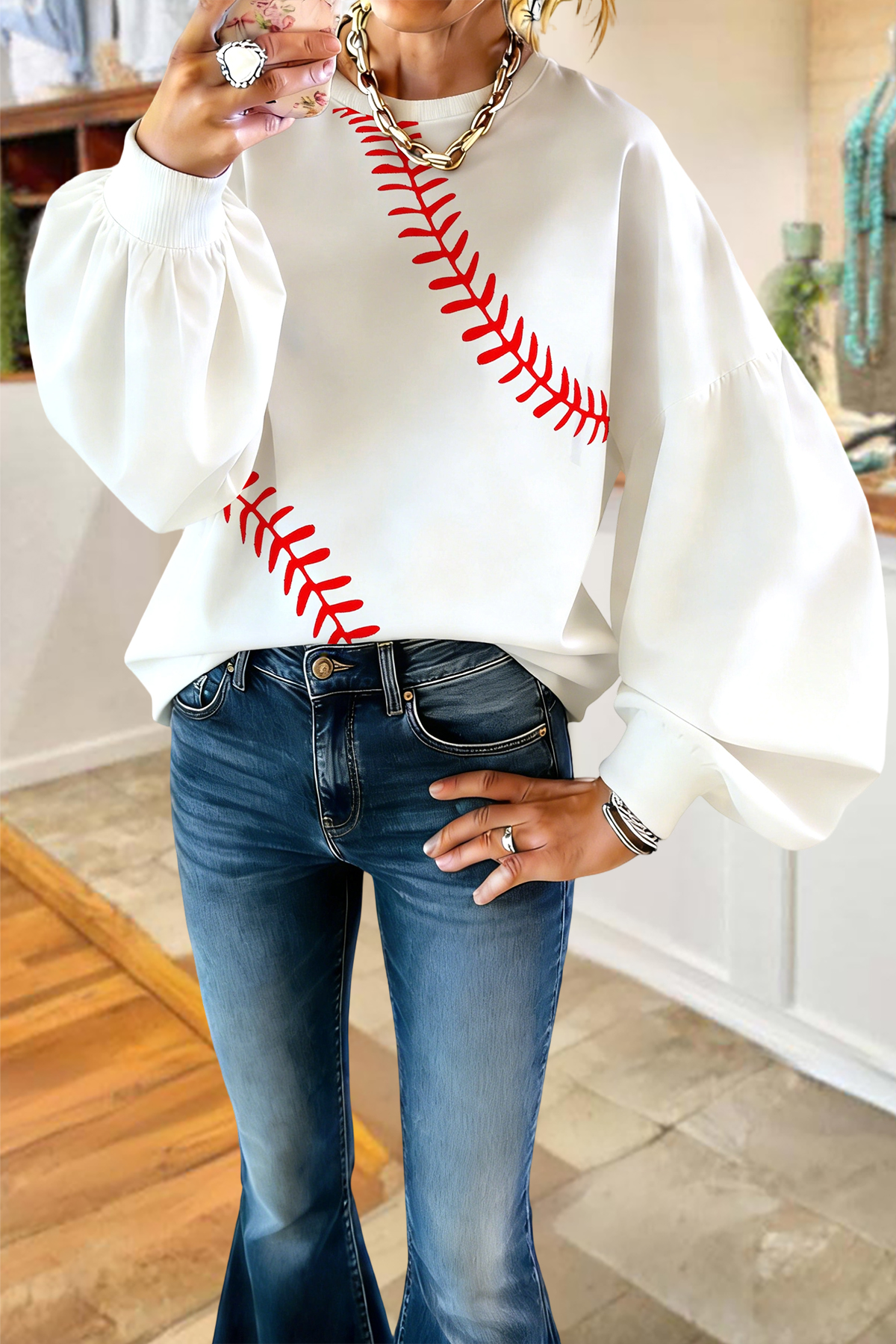 Classic Baseball Game Day Lantern Sleeve Sweatshirt