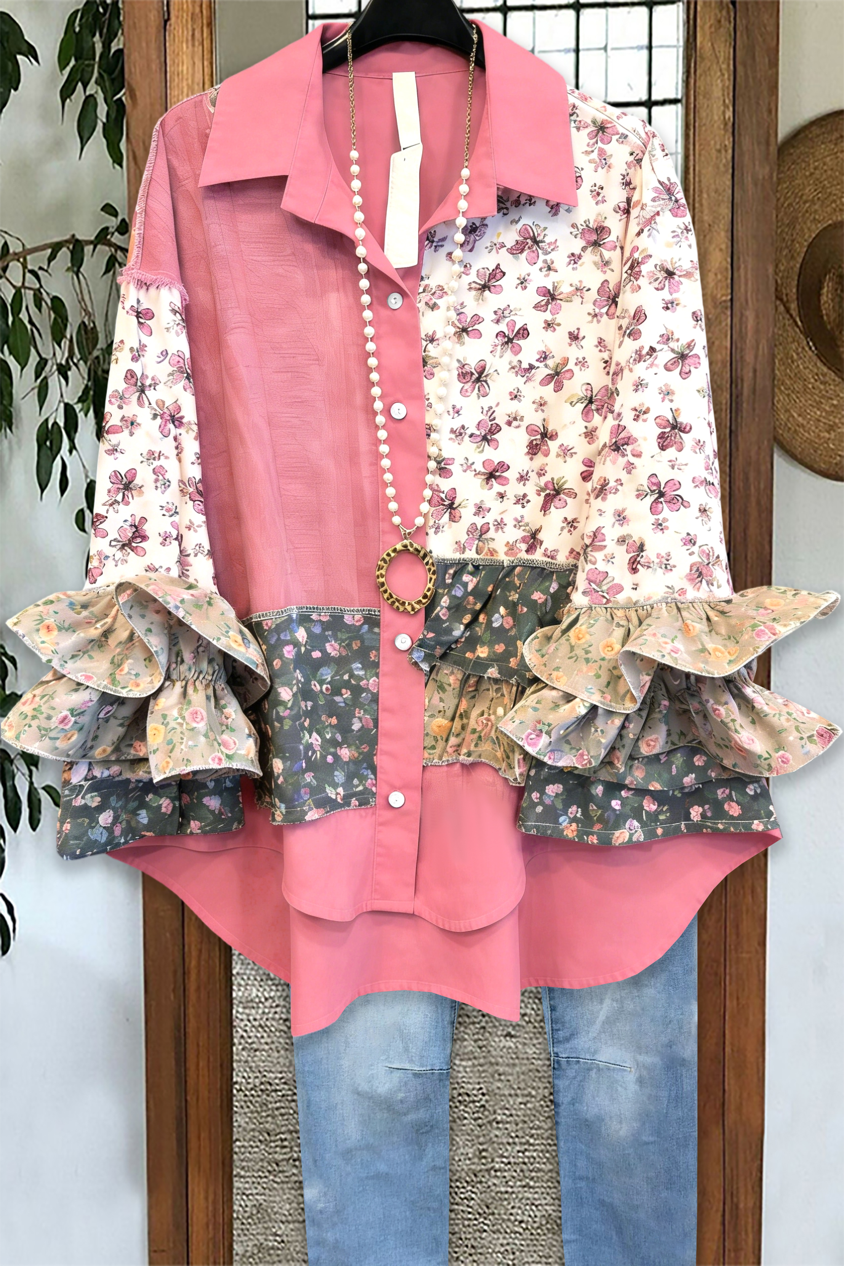 Floral Color Block Ruffle Blouses
