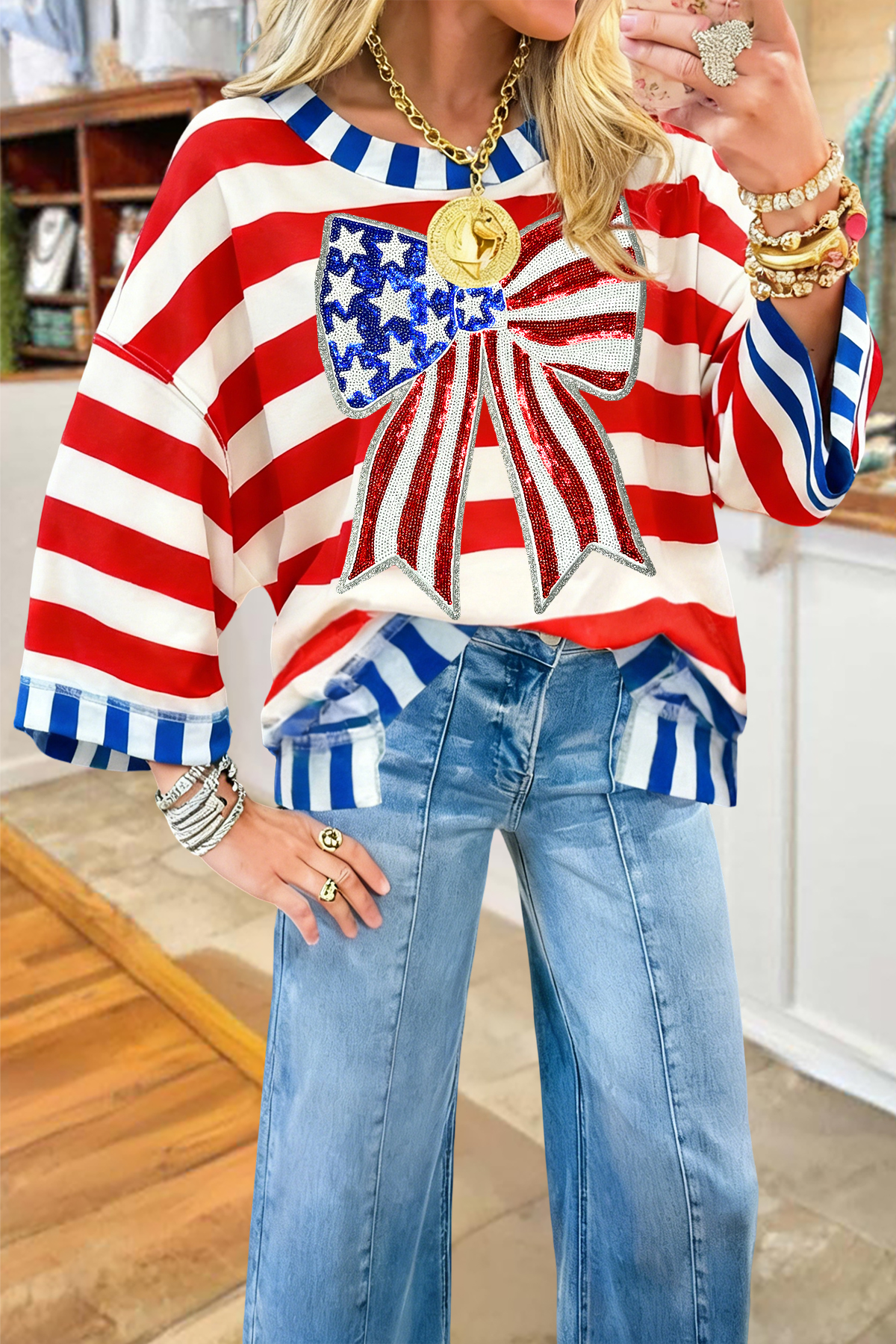 Classic USA Bow Wide Stripe Sweatshirt