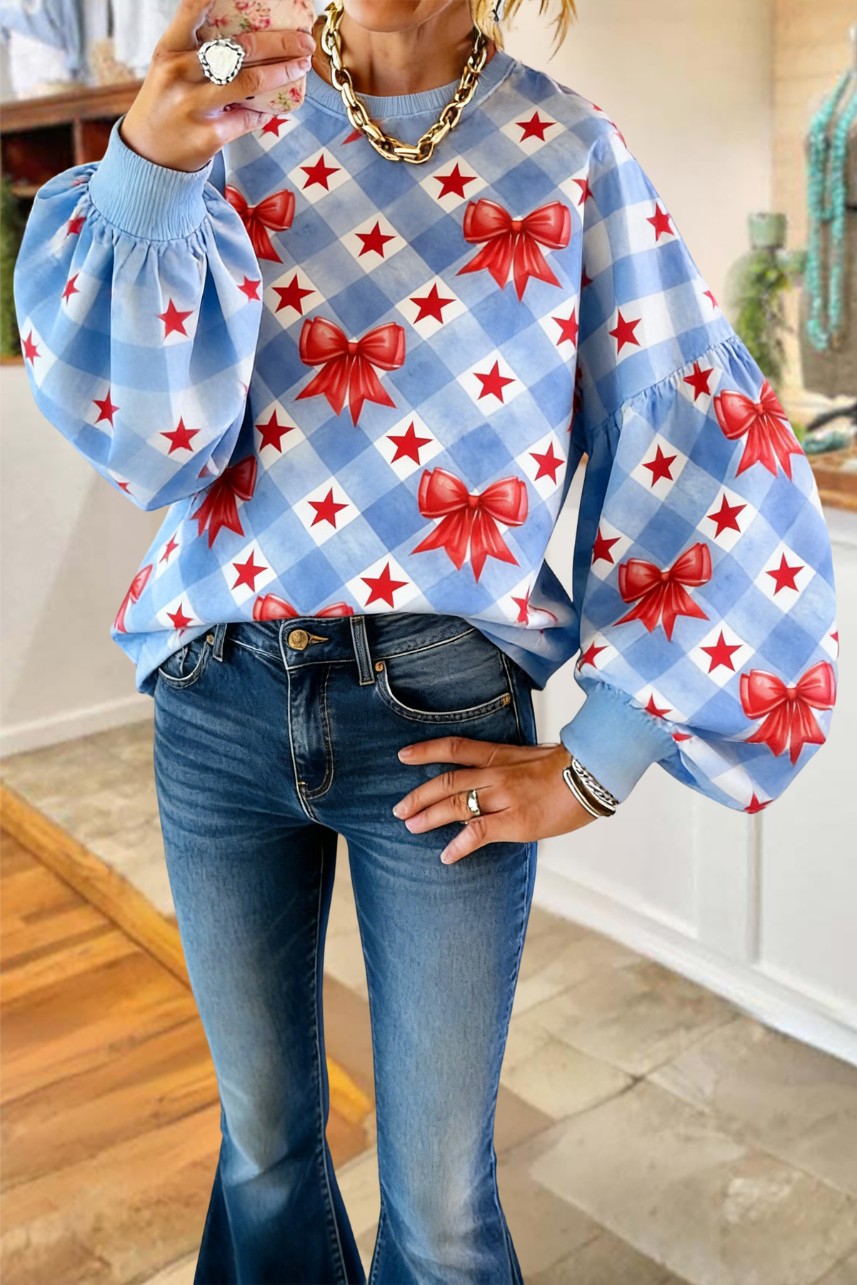 USA Plaid Bow Lantern Sleeve Sweatshirt