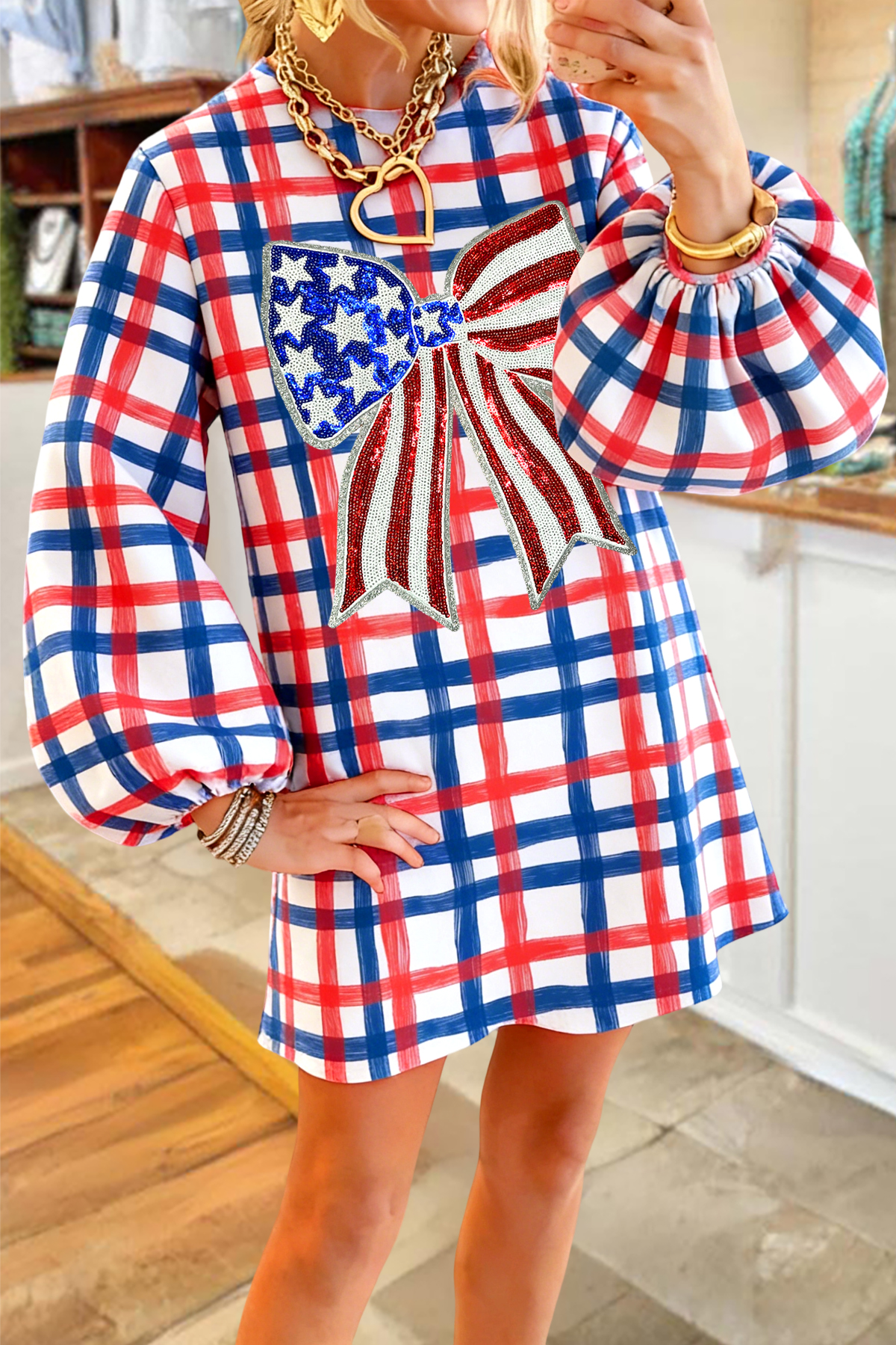 USA Plaid Bow Sweatshirt Dress