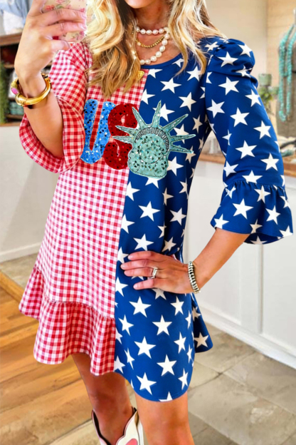 USA Plaid Star Color Block Ruffle Dress