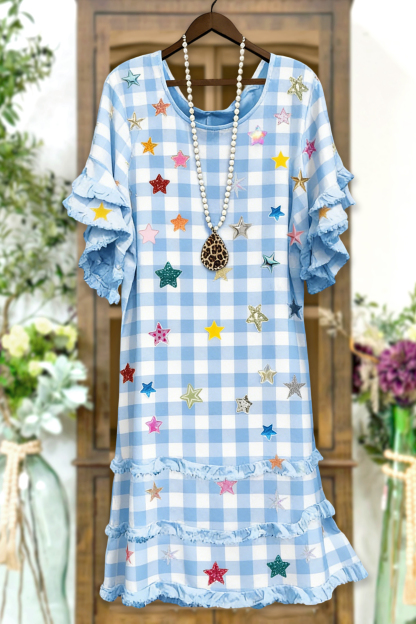 Colorful USA Star Plaid Print Ruffle Dress