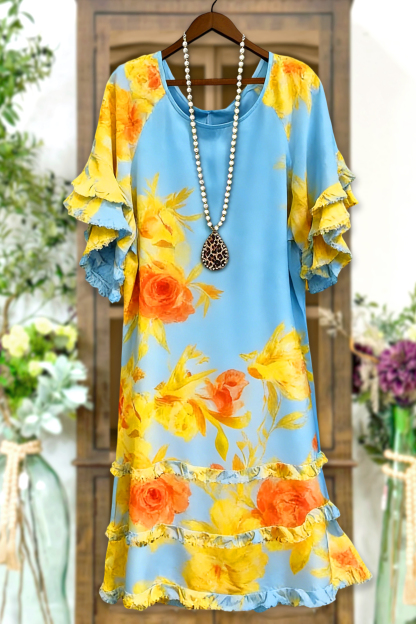 Fresh Floral Print Ruffle Dress