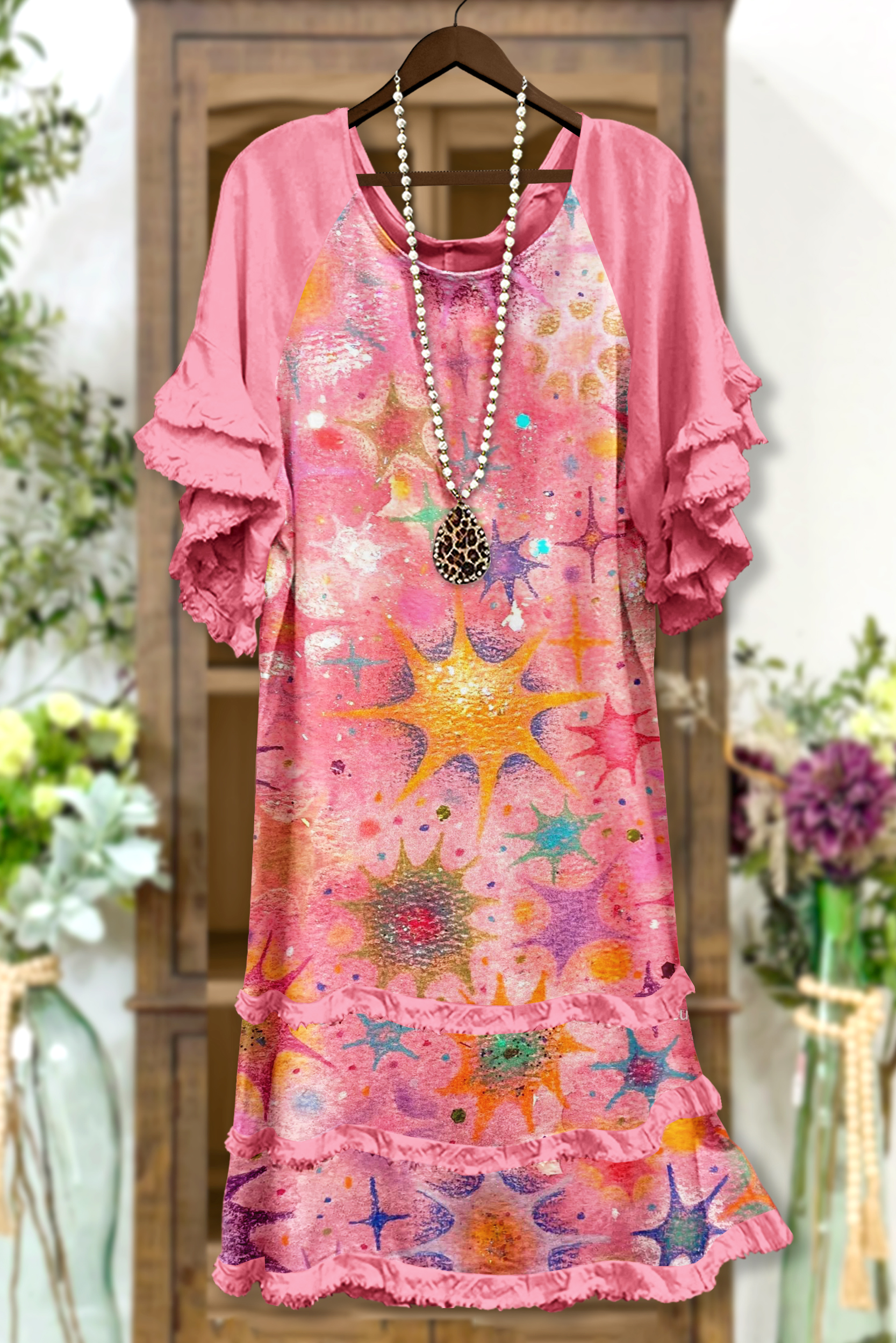 Unique Ombre Star Print Ruffle Dress