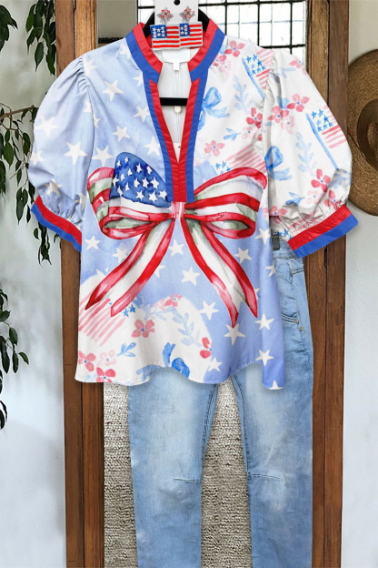 USA Bow Star Puff Sleeve Blouse