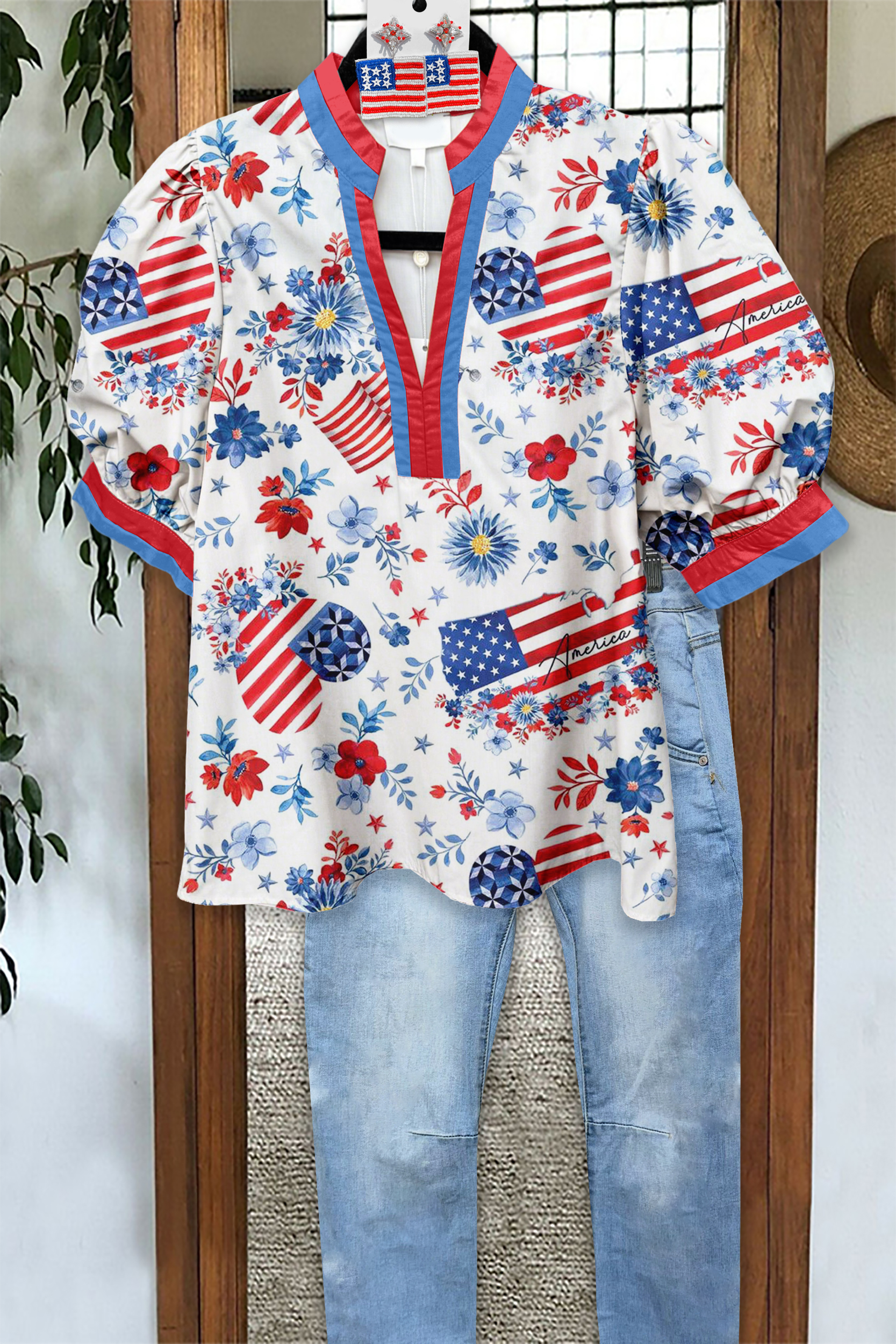 USA Star Floral Puff Sleeve Blouse