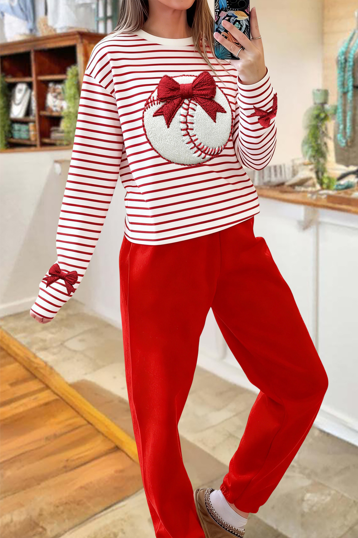 Casual Baseball Game Day Striped Top & Pants Two-Piece Set