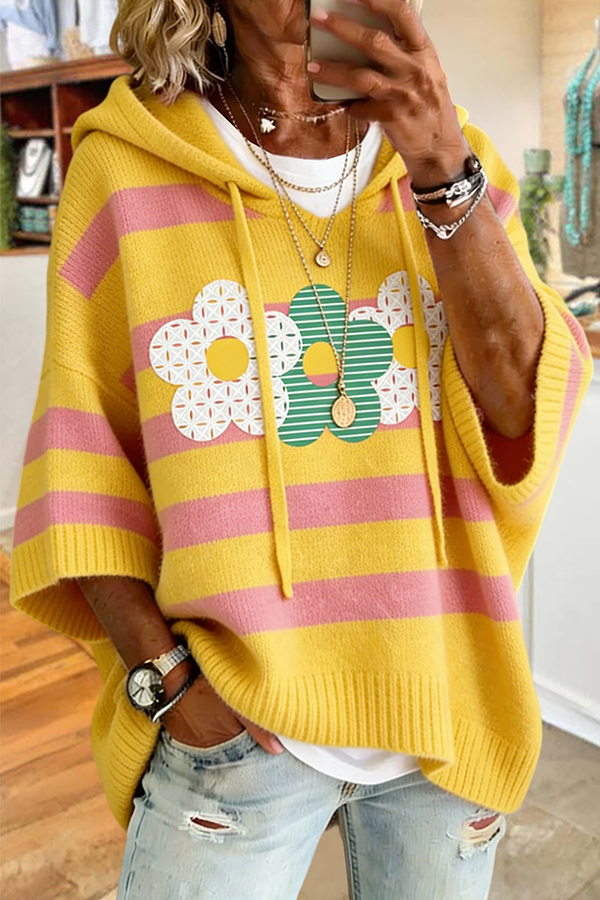 Flower Stripe Hooded Sweater