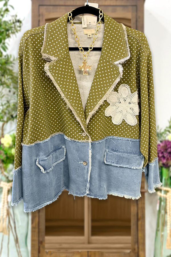 Polka Dot Floral Denim Panel Blazer