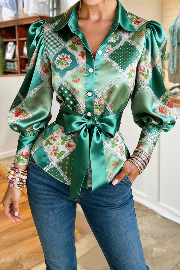 Fresh Floral Polka Dot Lantern Sleeve Blouse
