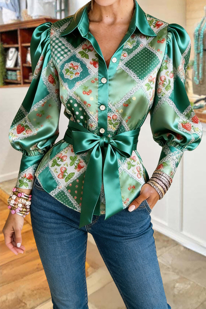 Fresh Floral Polka Dot Lantern Sleeve Blouse