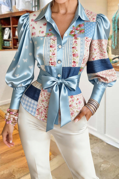 Fresh Floral Color Block Lantern Sleeve Blouse
