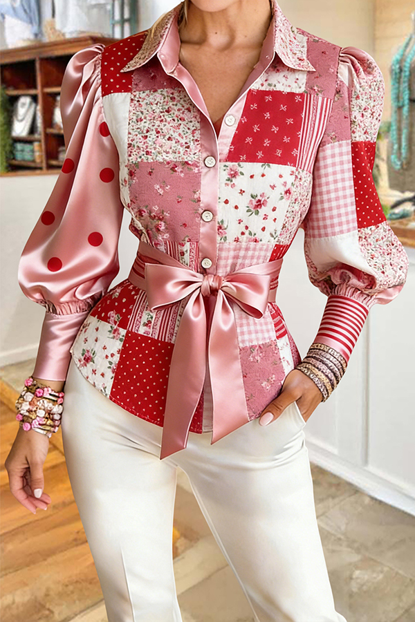 Sweet Floral Color Block Lantern Sleeve Blouse