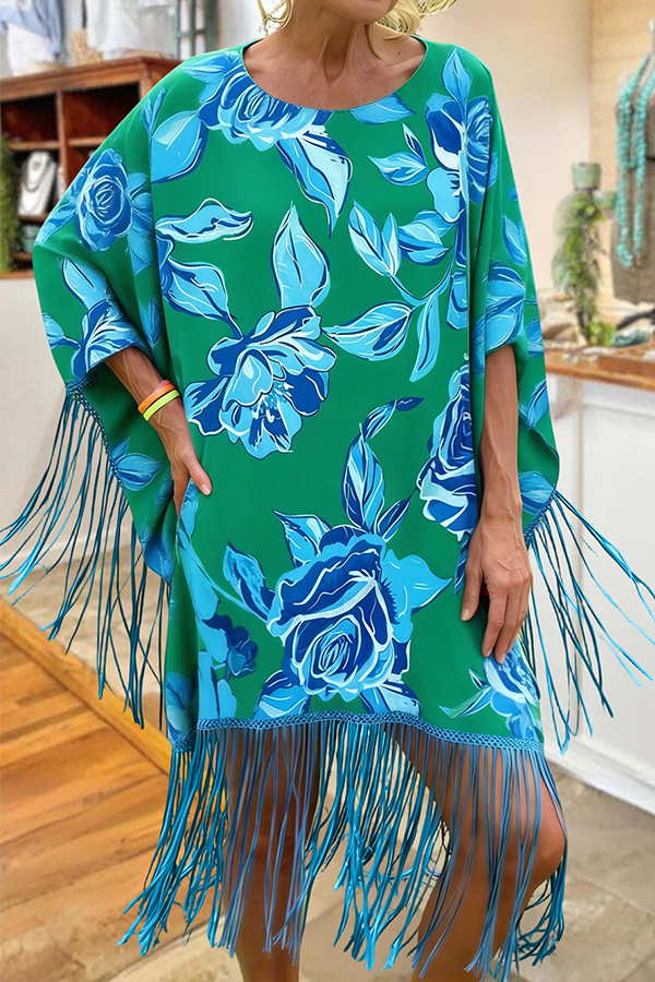 Beach Vacation Floral Fringe Dress